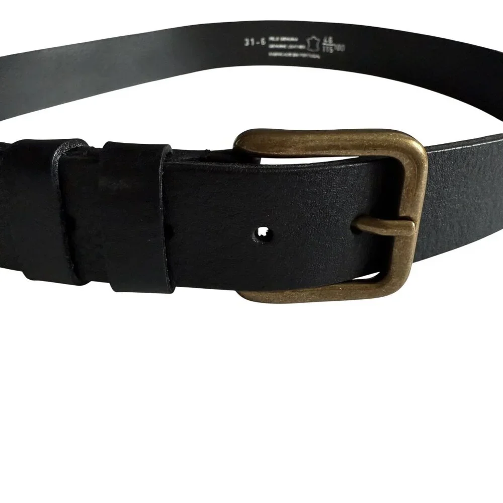 Pele Genuina Men's Belt Sz 46 Black Leather Gold-Tone Buckle Basic Vintage